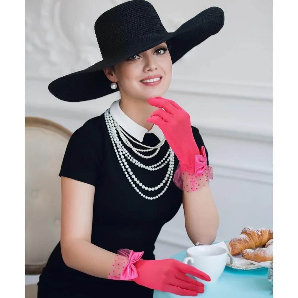 Women's Bow Lace Short Gloves Hot Pink Princess Wedding Evening Accessories